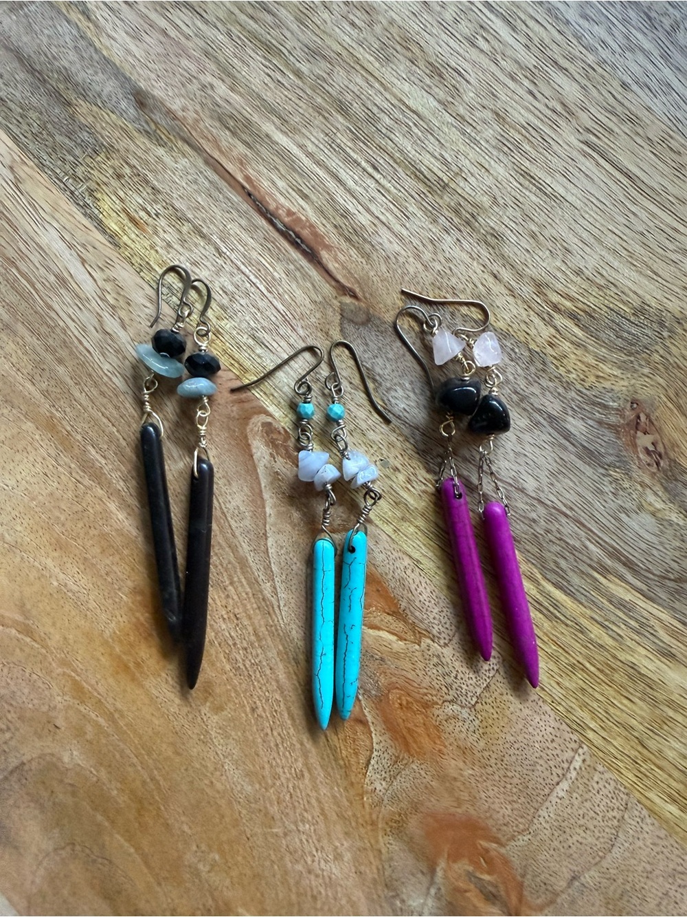 Handmade Boho Dangle Earrings - Turquoise, Fuchsia, and Black Stone Sets